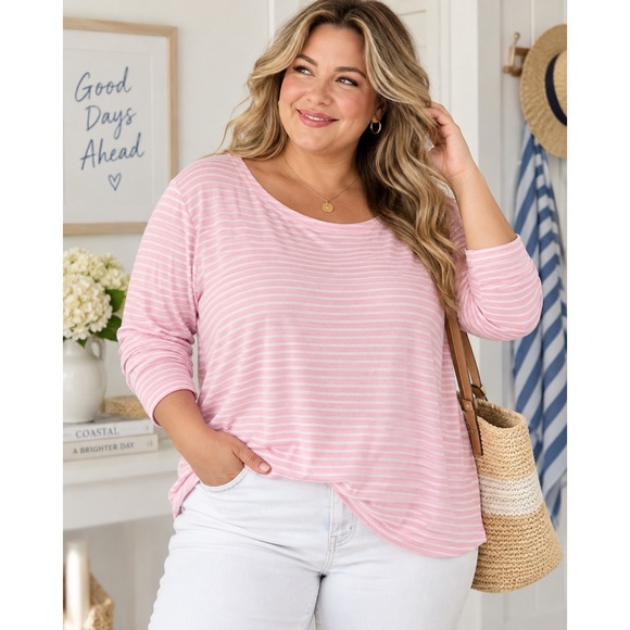 Vineyard Vines Tops - Vineyard Vines 2X Pink White Stripe Pima Cotton Modal Long Sleeve Top Coastal